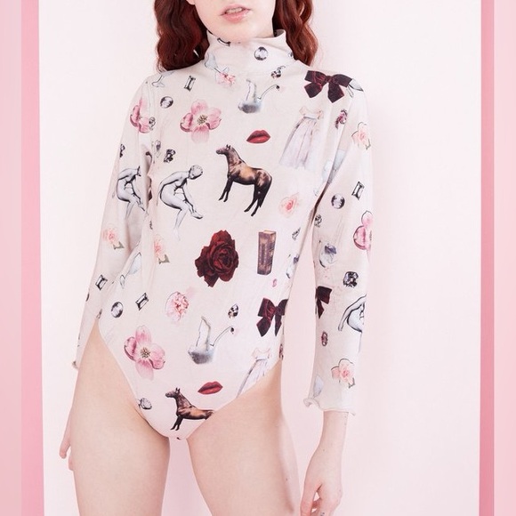 Samantha Pleet Tops - Samantha Pleet Starcrossed 3/4 Sleeve Bodysuit Collage Stretch Cream Medium